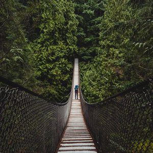 Preview wallpaper suspension bridge, man, forest, trees