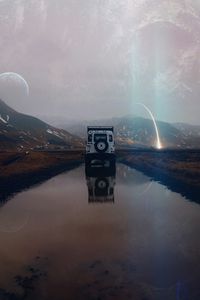 Preview wallpaper suv, mountains, water, landscape, alien, traveling, meteorite, reflection, photoshop