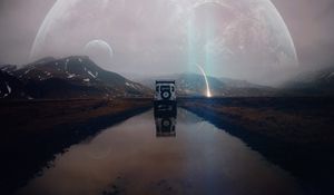 Preview wallpaper suv, mountains, water, landscape, alien, traveling, meteorite, reflection, photoshop