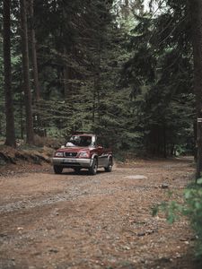 Preview wallpaper suzuki, car, forest, pine, road