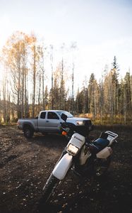 Preview wallpaper suzuki, car, motorcycle, forest