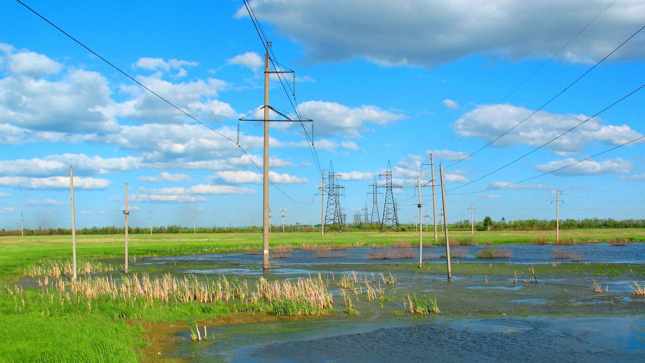 Wallpaper swamp, electricity, high voltage, summer, wasteland, prairie