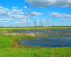 Preview wallpaper swamp, electricity, high voltage, summer, wasteland, prairie