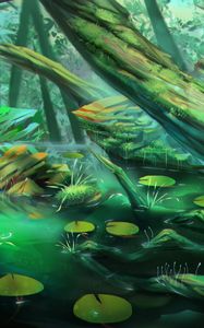 Preview wallpaper swamp, trees, stones, forest, art