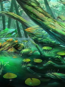 Preview wallpaper swamp, trees, stones, forest, art