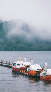 Preview wallpaper swans, boats, pier, lake, mountains, fog