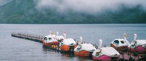 Preview wallpaper swans, boats, pier, lake, mountains, fog