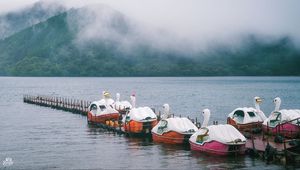 Preview wallpaper swans, boats, pier, lake, mountains, fog