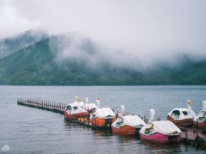 Preview wallpaper swans, boats, pier, lake, mountains, fog