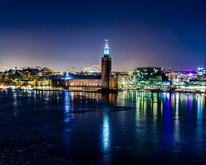 Preview wallpaper sweden, stockholm, winter, night, city hall, lights, reflection