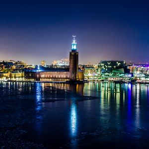 Preview wallpaper sweden, stockholm, winter, night, city hall, lights, reflection