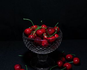 Preview wallpaper sweet cherry, cherry, fruit, berry, drops, wet