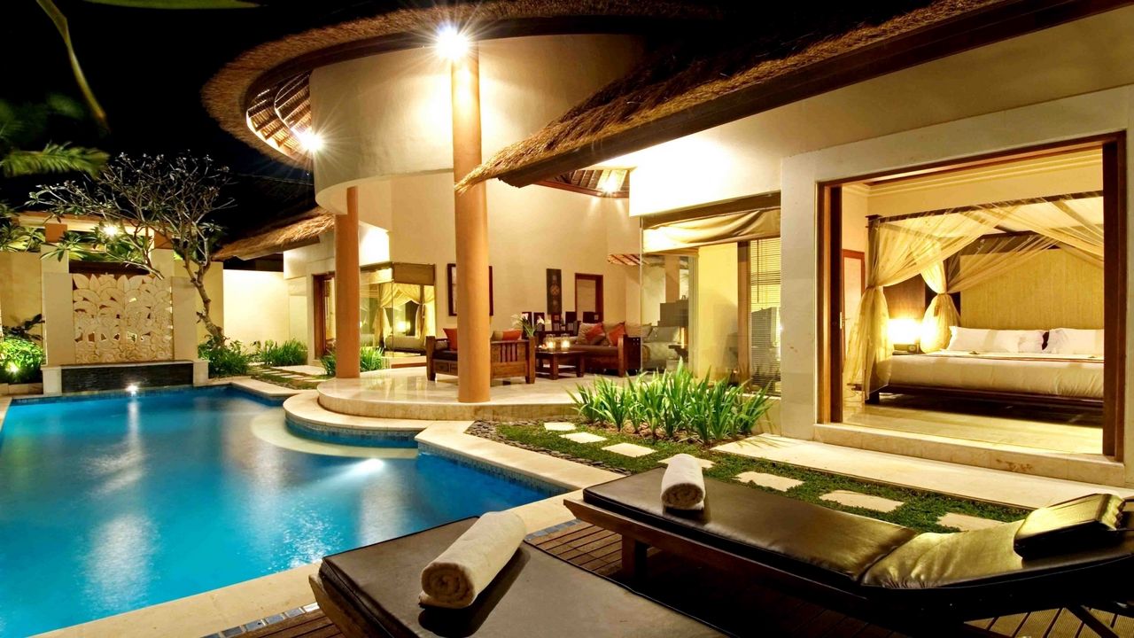 Wallpaper swimming pool, evening, villa, water, house, sofas, beds, night, table, lounge chairs