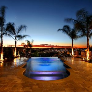 Preview wallpaper swimming pool, palm trees, evening, comfort