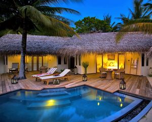 Preview wallpaper swimming pool, sun loungers, chairs, candles, furniture, palm trees, house