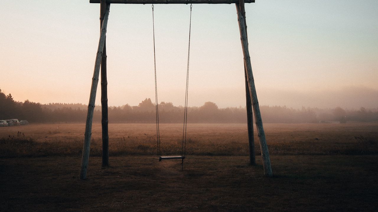 Wallpaper swing, field, trees, fog