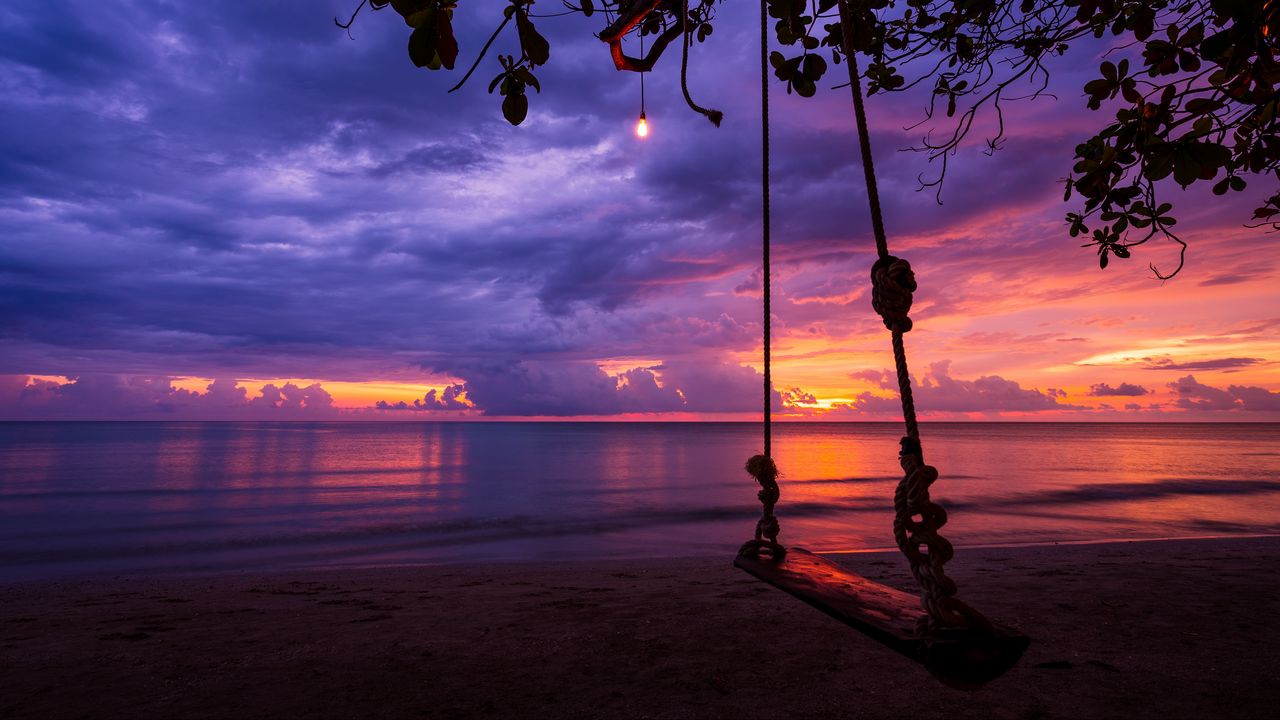 Wallpaper swing, garland, beach, sunset