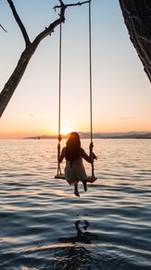 Preview wallpaper swing, girl, sunset, lake, river