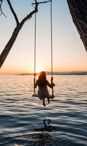 Preview wallpaper swing, girl, sunset, lake, river