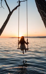 Preview wallpaper swing, girl, sunset, lake, river