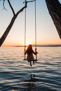 Preview wallpaper swing, girl, sunset, lake, river