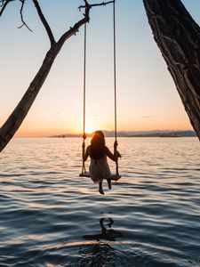 Preview wallpaper swing, girl, sunset, lake, river