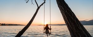 Preview wallpaper swing, girl, sunset, lake, river