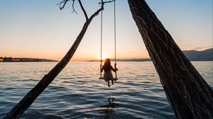 Preview wallpaper swing, girl, sunset, lake, river
