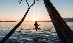 Preview wallpaper swing, girl, sunset, lake, river