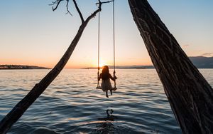 Preview wallpaper swing, girl, sunset, lake, river