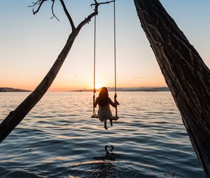 Preview wallpaper swing, girl, sunset, lake, river