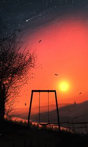 Preview wallpaper swing, sun, sunset, branches, art