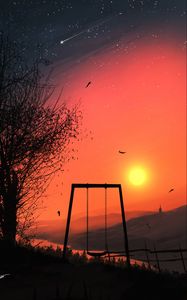 Preview wallpaper swing, sun, sunset, branches, art