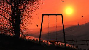 Preview wallpaper swing, sun, sunset, branches, art