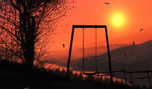 Preview wallpaper swing, sun, sunset, branches, art