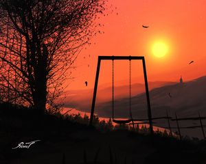 Preview wallpaper swing, sun, sunset, branches, art