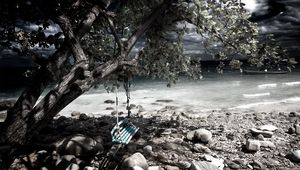 Preview wallpaper swing, tree, coast, stones, sea, gray