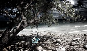 Preview wallpaper swing, tree, coast, stones, sea, gray