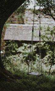 Preview wallpaper swings, childhood, ropes, grass, blur