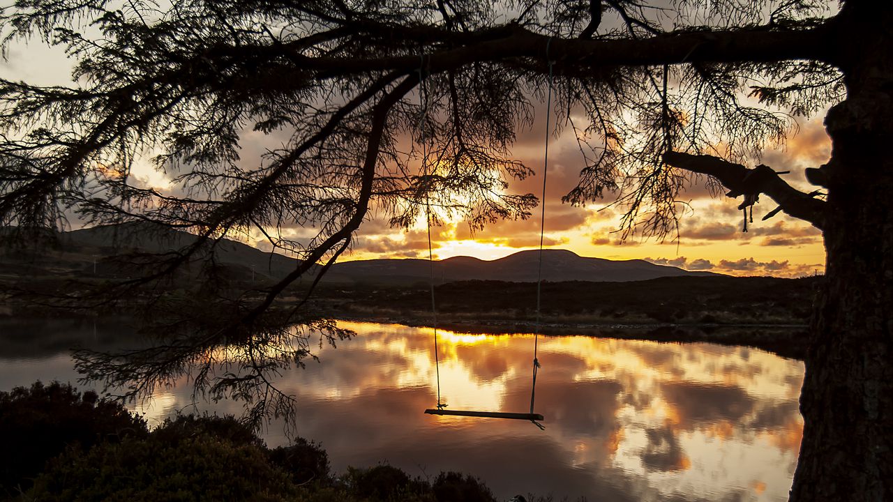 Wallpaper swings, river, tree, twilight