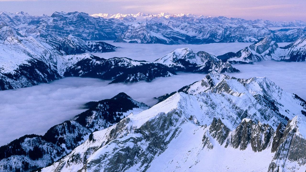 Wallpaper switzerland, mountains, snow, tops, fog