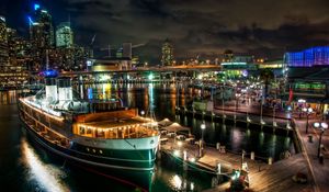 Preview wallpaper sydney, australia, ship, boat, pier, wharf, city, lights, bridge, building, hdr
