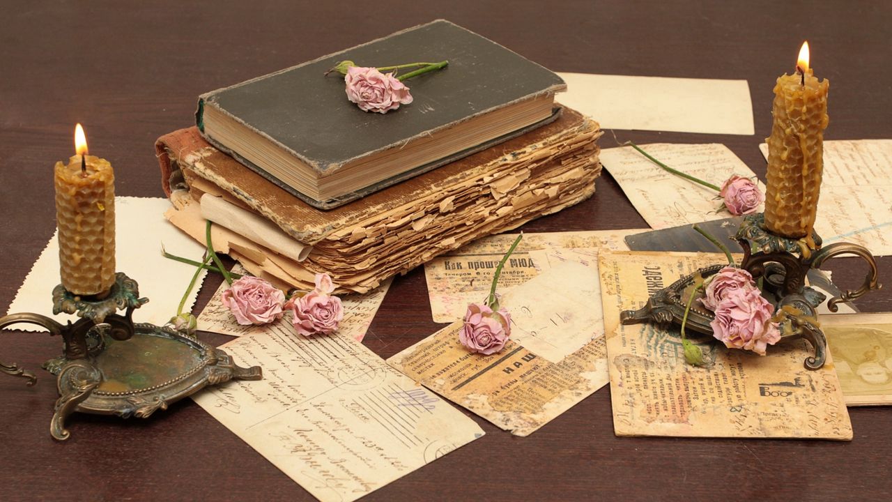Wallpaper table, books, flowers, vintage