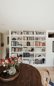 Preview wallpaper table, bouquet, shelf, books, interior
