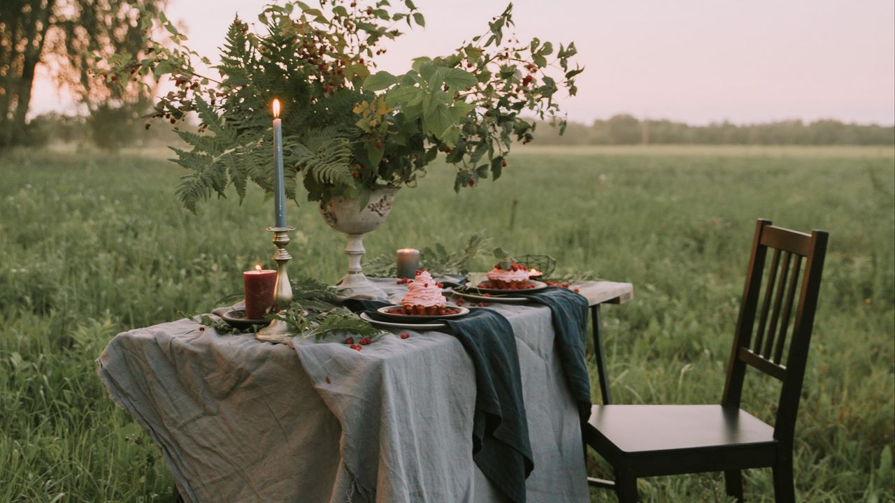 Wallpaper table, chair, lawn, nature, romance