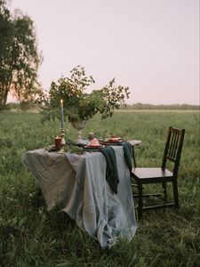 Preview wallpaper table, chair, lawn, nature, romance