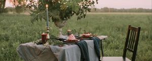 Preview wallpaper table, chair, lawn, nature, romance