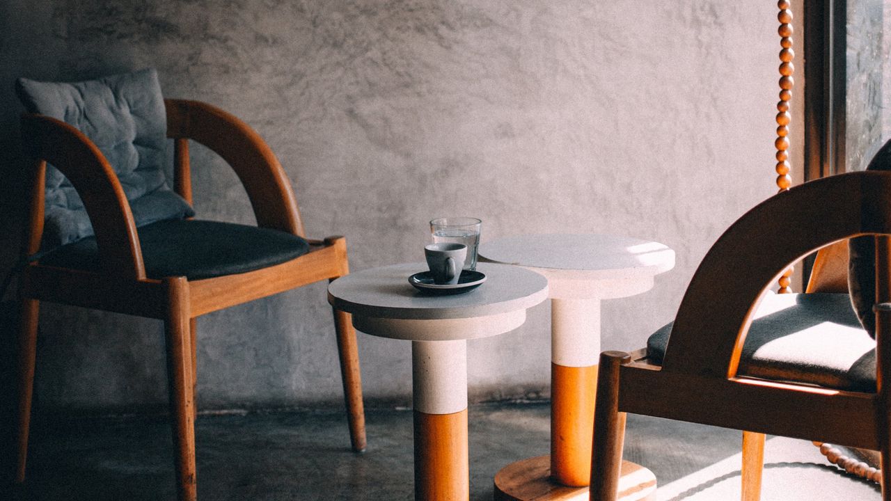 Wallpaper table, cup, chairs, shadows, aesthetics