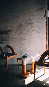 Preview wallpaper table, cup, chairs, shadows, aesthetics
