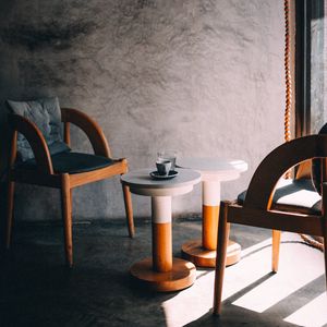 Preview wallpaper table, cup, chairs, shadows, aesthetics
